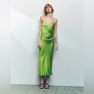 NWT Green Satin Zara Midi Dress